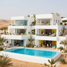habitat 6 7, white terraced architecture office in the dessert, many plants and infinite pool, colorful glass wall, joyful people in the house