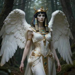 cleopatra as the angel of death in a forest, deep focus, d & d, fantasy, intricate, elegant, highly detailed, digital painting, artstation, concept art, matte, sharp focus, illustration, hearthstone, art by artgerm and greg rutkowski and alphonse mucha