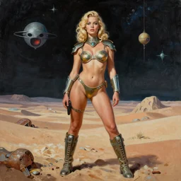 A mixed media portrait painting of a beautiful blonde woman posing on a desert alien planet, soldier, curvy, atomic-space-age style bikini-armor and boots, aesthetic symmetrical face and eyes, slavic, by Boris Vallejo, Beeple, Frank Frazetta, Greg Rutkowski, Christian MacNevin, epic fantasy character art, high fantasy, CGsociety, 60's Sci-fi Pinup style, exquisite detail, post-processing, masterpiece, cinematic