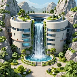 roughly cylindrical overwatch headquarters carved inside a mountain surrounding a lush well kept garden, central waterfall, magical, natural light, fantasy, sharp focus, concept art, by greg rutkowski and craig mullins, cozy atmospheric