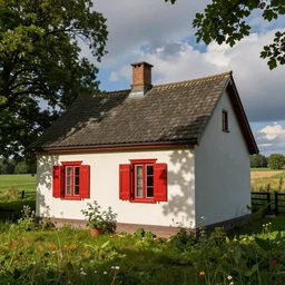 small cottage with red shutters, photography, dreamy, summer
