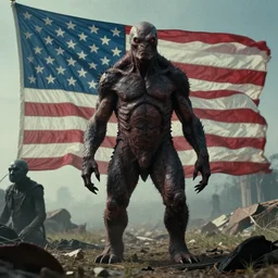 creature with american flag, film still from the movie directed by denis villeneuve and david cronenberg with art direction by and h. r. giger and zdzisław beksinski