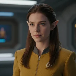 4K video of young attractive high-fantasy elf woman in Star Trek, scene where she is on Deep Space Nine, screen capture, soft light, cinematic lighting, sharp, camera