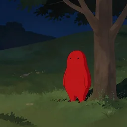 a bright red creature next to a tree on a hill at night, 4 k
