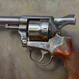 oil painting of metallic revolver closeup, art by anders zorn, wonderful masterpiece by greg rutkowski, beautiful cinematic light, american romanticism by greg manchess, reflections in copper, sunlight, dust and steam