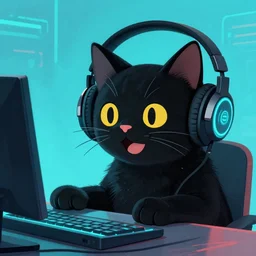 cool close - up happy!! black cat!! playing computer games, artstation, by beeple, digital painting, wearing headphones, cyberpunk, cyan