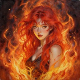 a painting of a girl with red hair surrounded by fire