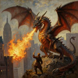 medieval dragons breathing fire over a modern day new york city 1 8 0 0 s romanticism oil painting