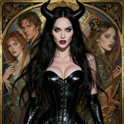 new art nouveau portrait of fantasy succubus maleficent megan fox wearing a latex corset, anna dittmann, patrick nagle, charlie bowater and loish. long windblown hair, very large, clear, expressive, and intelligent eyes, ultrasharp focus, dramatic lighting, photorealistic digital matte painting, intricate ultra detailed background.
