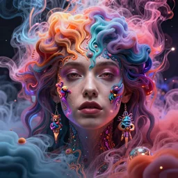 a beautiful woman engulfed in colorful liquid clouds and neon smoke, extremely psychedelic experience, psilocybin, dmt, lsd, perfect face, highly detailed, artstation, cluse - up, sharp focus, digital art, hana yata, and artem demura and beeple, lisa frank, cyberpunk, octane render, unreal engine, 8 k