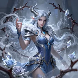 beautiful sorcerer with snow and mist magic, surrounded by thorns and crystal roses, attarctive face, anime key visual, highly detailed, sharp focus, concept art, league of legends, style by shumolly and monable and artgerm and greg rutkowski and zeronis and pilyeon and ruan jia