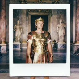 polaroid photograph of a man wearing a roman emperor costume in a pristine marble palace with romans, photorealistic, dramatic lighting, intricate details