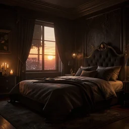videogame screenshot of a dark luxury bedroom, candlelight, sunset, octane render, volumetric lighting, raytracing