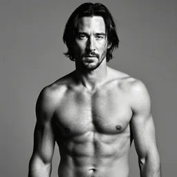 keanu reeves but it's a photo shot in black and white and he is gigachad, he is shirtless and very muscular