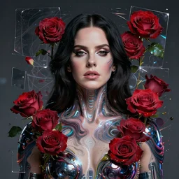 portrait of lana del rey as a cyberpunk cyborg. roses, sci - fi, missing panels, intricate abstract, upper body, intricate artwork, by tooth wu, wlop, beeple, dan mumford. concept art, 8 k octane render, deviantart, greg rutkowski, cinematic, key art, hyperrealism, iridescent accents
