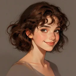 a beautiful girl with short curly brown hair in a ponytail, a pointy chin, she is smiling, dramatic lighting, illustration by Greg rutkowski, yoji shinkawa, 4k, digital art, concept art, trending on artstation