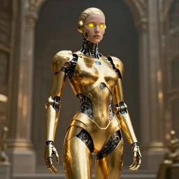 maria of metropolis, a humanoid robot, golden body armor, beautiful face, full length portrait, scifi, futuristic, raytracing, yellow neon cyborg eyes, sharp focus, cinematic lighting, highly detailed, artstation, divine, by fritz lang, gauthier leblanc