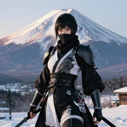 portrait ninja gaiden girl, black plus white ninja wardrobe, at snowy fuji mountain sunrise, ssci - fi and fantasy, intricate and very very beautiful, detailed, digital painting, artstation, concept art, smooth and sharp focus, illustration, art by tian zi and wlop and alphonse mucha