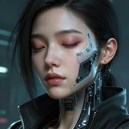 beautiful portrait, digital painting of hoyeon jung with cybernetic face implants with high detail, ( cyberpunk 2 0 7 7, mass effect, bladerunner 2 0 4 9, ghost in the shell ), environment, 8 k, stunning detail, photo by artgerm, greg rutkowski and alphonse mucha, unreal engine 5, 4 k uhd, eyes closed