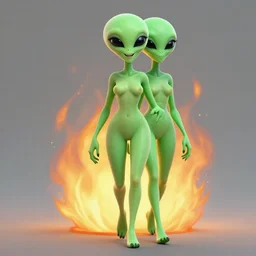 a picture of a happy subgenius and sexy green alien walking in front of a burning city, a detailed matte painting by mort kunstler, pixiv, kitsch movement, hellish background, movie poster, official art
