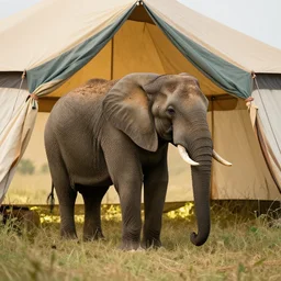 an elephant standing inside of a tent in a field high quality detailed