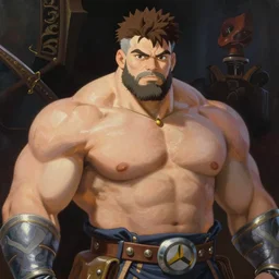 portrait of thick muscular bodybuilder zarya from overwatch by jodhpurs greg manchess, painting by sargent and leyendecker, ghibli studio, asymmetrical intricate elegant illustration hearthstone, by greg rutkowski, by greg tocchini, by craig mullins