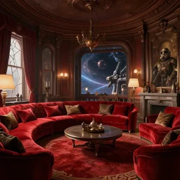 photographic view inside a richly furnished apartment on the star wars planet coruscant, beautiful matte painting, unreal engine 5, 8 k, trending on artstation, greg rutkowski, dramatic lighting, photo real, red plush colors