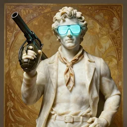 a detailed full bodied marble sculpture of jensen ackles as fred from scooby doo wearing an ascot, holding a grenade launcher, wearing glowing neon shuttered glasses!!!!, masterpiece, 8 k, art by greg rutkowski and albert bierstadt and arthur rackham and alphones mucha