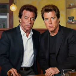 painting pulp fiction movie highly detailed full - body samuel l jackson and john travolta posing in cafe, perfect symmetrical eyes, by david lynch, twin peaks style, mulholland drive style, 8 k resolution, digital art, hyper realistic