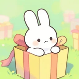 illustration of a cartoonish white rabbit in a gift box, bright colors, pastel colors, atmospheric perspective