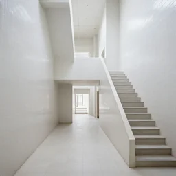 photo of a vast interior space of randomly connected corridors, stairs and rooms. ceramic white tiles on all the walls.
