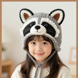 a crocheted raccoon hat, very detailed animal hat, cute details, product photo, promotional image, cute smiling girl