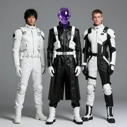 android ulzzang with white sci - fi tactical gear, black leather garment, purple transparent crystal cybernetic hood, full shot fashion photography, by irving penn and storm thorgerson, ren heng, peter elson