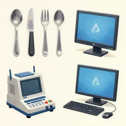 game asset of the sims cyberpunk utensils of console machine and computer, in gouache detailed paintings, props, stylized, 2 d sprites, kitbash, arcane, overwatch, blue and pink color scheme, 8 k, close up