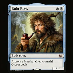 an ultra detailed magic the gathering card of bob ross smoking a pipe and dressed as a fantasy druid, d & d, epic fantasy, concept art by alphonse mucha and greg rutkowski, octane render, 8 k, detailed face