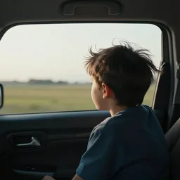 a cinematic shot of a boy from his back side looking out of his car window and his hair flowing due to the win