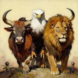 a mystic creature with the body and eyes of a man, with the beak of an eagle, with the mane of a lion, with two horns of an ox. drawn by frank frazetta