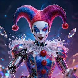 impressive electric fantasy cinematic fine portrait photo of a court jester!! cyborg implant shattered crystal shard volumetric dynamic fluid simulation lighting impressive masterpiece hyper ultra detailed intricate sharp focus 8 k realistic illustration canon eos r 3 fujifilm x - t 3 0 sony alpha, by james gurney tooth wu artgerm colorful!!!, trending on artstation behance cgsociety stunning closeup macro plasma