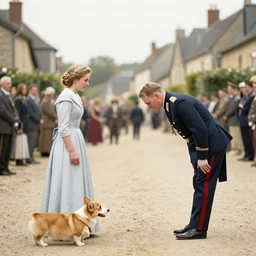 ultra wide 1 9 4 6 blurry historical photo of a single german general bowing to a young queen elizabeth in a french village, her corgis are next to her highly detailed, sharp focus