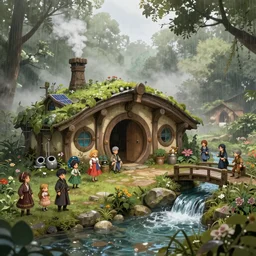 a gathering at a medieval village that has taken a million years to evolve into a solar punk hobbit home, ornate, beautiful, atmosphere, vibe, mist, smoke, chimney, rain, wet, puddles, waterfall, clear stream, bridge, forest, flowers, concept art illustration, color page, 4 k, tone mapping, doll, akihiko yoshida, james jean, andrei riabovitchev, marc simonetti, yoshitaka amano, digital illustration, greg rutowski, volumetric lighting, sunbeams, particles
