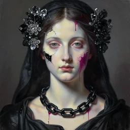hyperrealism close - up mythological portrait of a beautiful medieval woman's fractured face blended with dark obsidian and crystallic flowers in style of classicism, black massive chains around the neck, pale skin, ivory make up, wearing black silk robe, dark and dull palette acrylic paintdrip and magenta tar, repaired with kintsugi