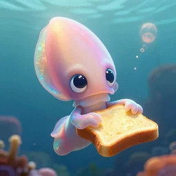 a cute squid is dreaming of a piece of toast, big eyes, light particles, volumetric lighting, underwater, beautiful light, subsurface scattering, pearlescent, trending on artstation, 50 mm lens