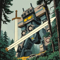 grainy risograph, huge floating sword against huge robot machine with three heads, close - up, matte colors, in the dense forest, highly detailed, artstation, intricate - detailed, by moebius, jack gaughan, lehr paul, anime 2 0 0 0