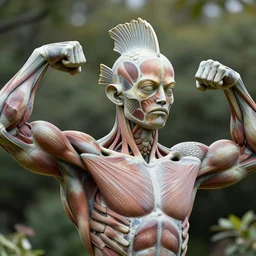 high resolution close up of garden sculpture made gills fins of muscles face fishes morphed scales muscular body face molecules biceps triceps, morphing muscles bodies strong strongest muscles merged with muscular body