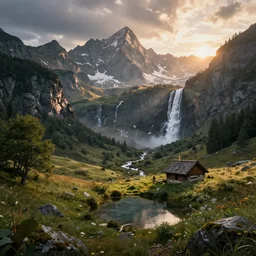 a beautiful fantasy landscape, mountain in background, a waterfall in the mountains, little cottage, small pond, some trees in the corner, sunrise, hyper realism, octane render, art by philipp urlich