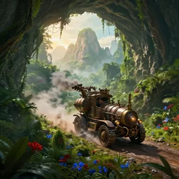 a photo of a steampunk vehicle hurtling through a lush prehistoric jungle cave, leaving a trail of smoke, mountains, vines, water, scattered red and blue flowers, sunrise, lush flora, beautiful artwork, volumetric lighting, haze, hyperrealistic, 8 k