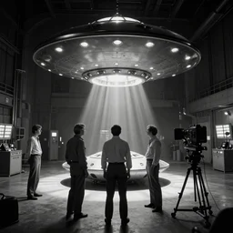 Scientists examine UFO in a secret hangar, 1970s, hidden camera, black and white photo