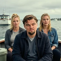 leonardo dicaprio as the wolf of wall street next to margot robbie as naomi from the wolf of wall street sitting in a fishing boat, hyper realistic faces, beautiful eyes, cinematic, long shot, hyper detailed, 8 5 mm photograph, 8 k resolution, film still, sharp lens, wide lens