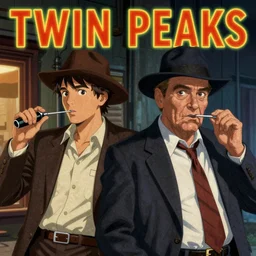 Twin Peaks poster artwork by Michael Whelan and Tomer Hanuka, Karol Bak, Rendering of Abbott & Costello as mobsters, from scene from Twin Peaks, full of details, by Makoto Shinkai and thomas kinkade, Matte painting, trending on artstation and unreal engine