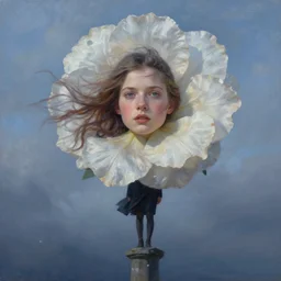 portrait, giant flower head, girl standing on pillar, surreal photography, wind and cold, dramatic sky, impressionist painting, digital painting, artstation, simon stalenhag